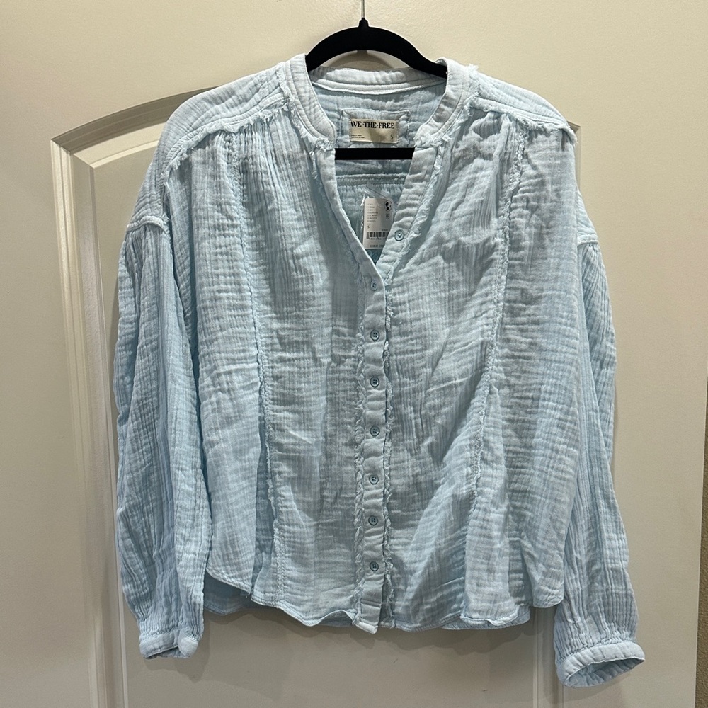 We The Free Sky Blue Frayed Collar Shirt